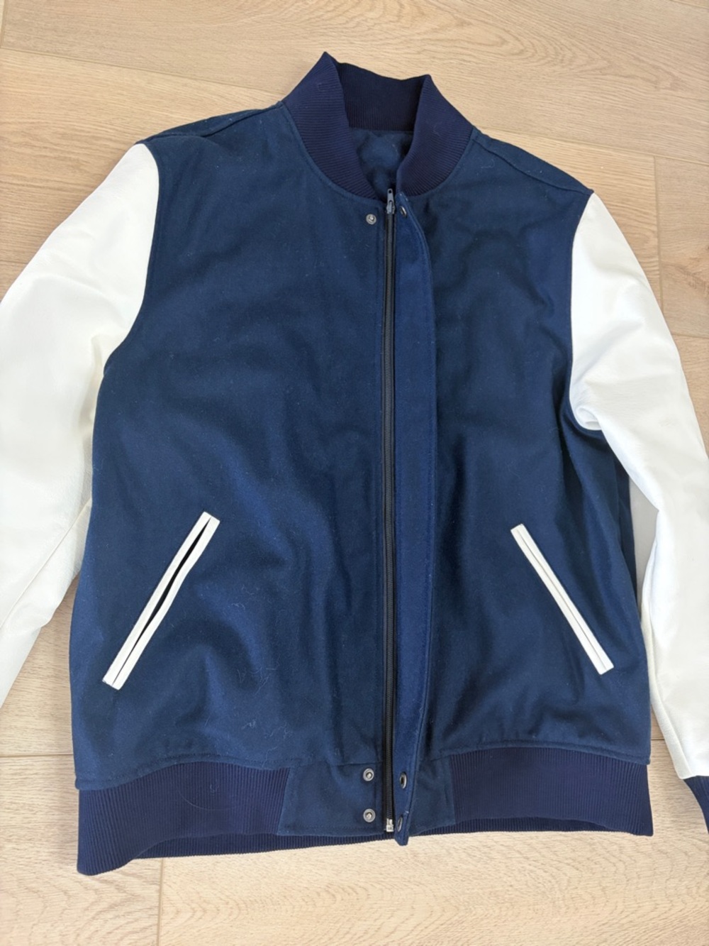 Men's Navy and White Varsity Jacket - Picture 2 of 5